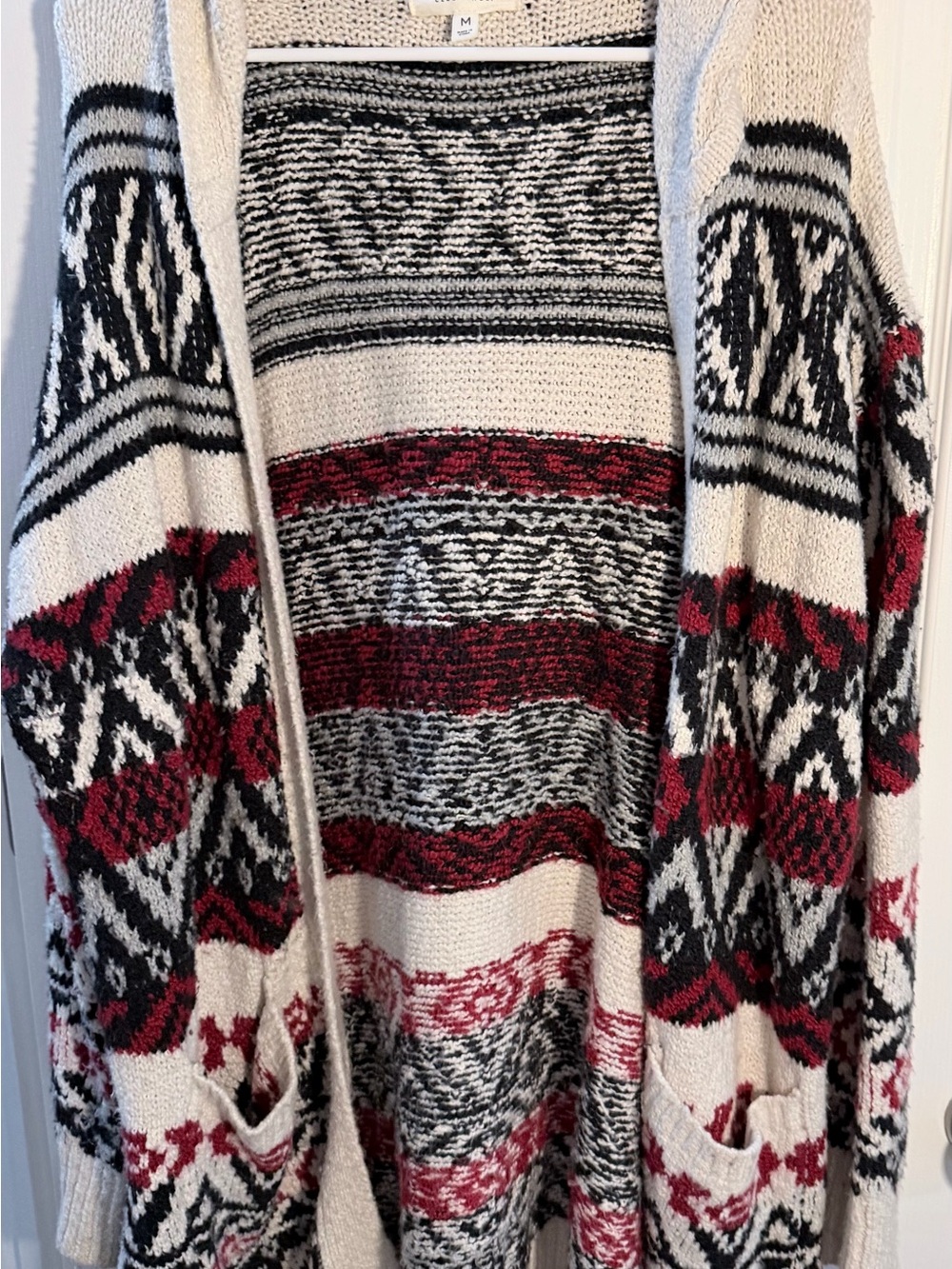 Cleo & Wolf Red & Black Western Patterned Women's Hooded Sweater Cardigan